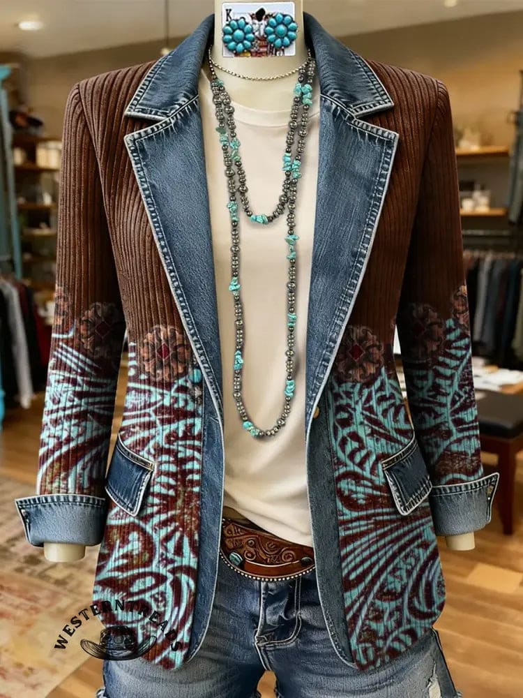 Vintage Western Art Print Patchwork Denim Sweater Cardigan Coat