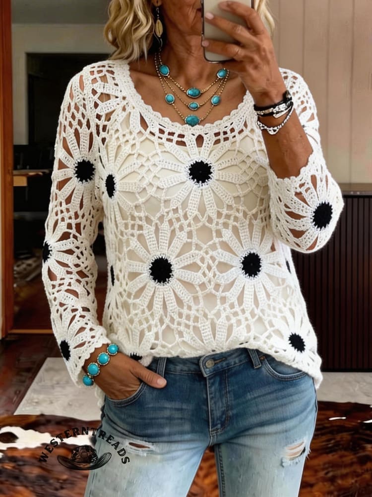 Vintage Western Art Soft Casual Crocheted Flowers Shirt - Image 5