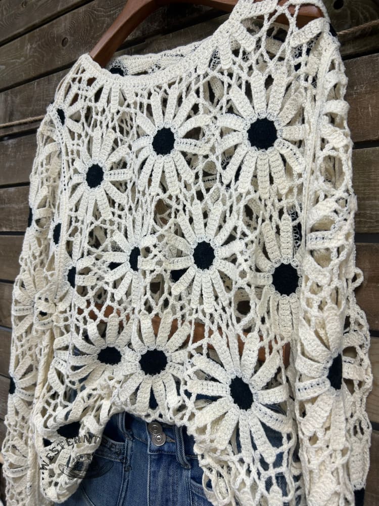 Vintage Western Art Soft Casual Crocheted Flowers Shirt - Image 6