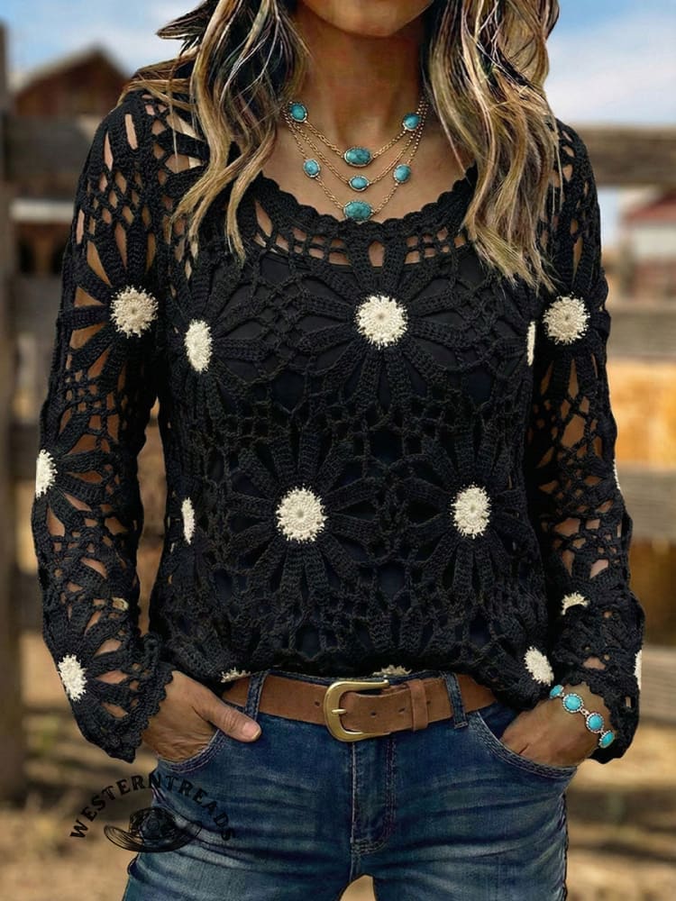 Vintage Western Art Soft Casual Crocheted Flowers Shirt - Image 7