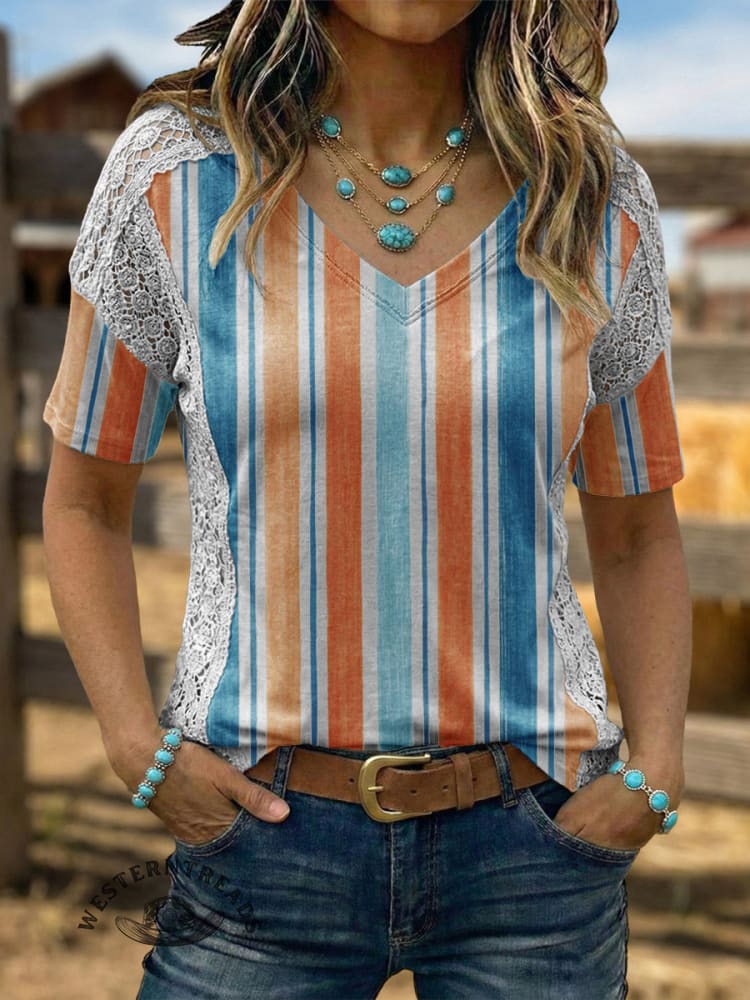 Vintage Western Art Soft Casual Crocheted Flowers T-Shirt