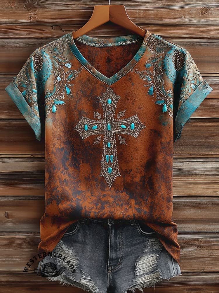 Vintage Western Cross Art Print Casual Short Sleeve T-shirt - Image 2