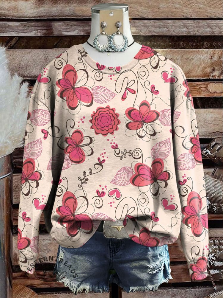 Vintage Western Floral Art Print Casual Cotton Sweatshirt