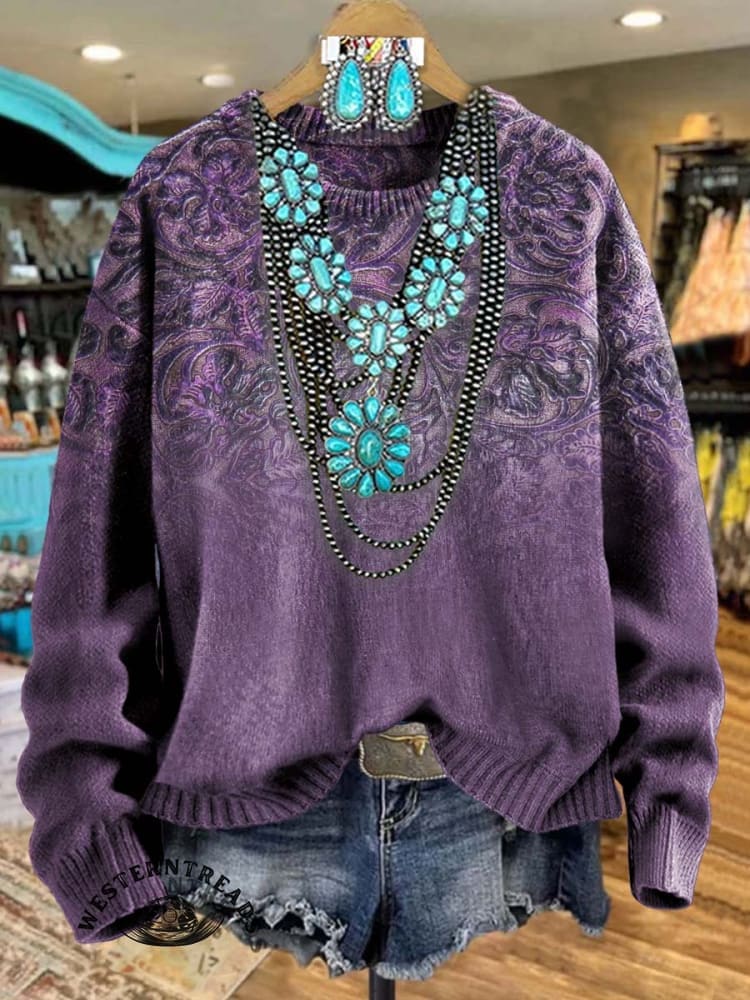 Women's Vintage Floral Print Henley Neck Sweater Top - Image 2