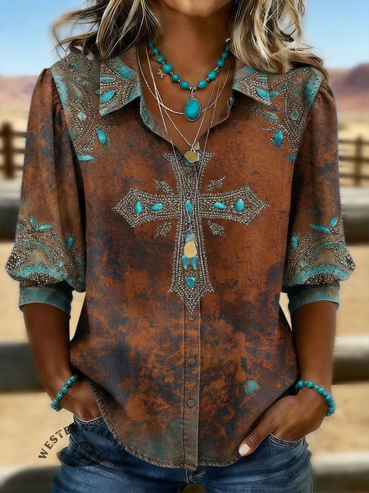 Vintage Western Print Casual Puff Sleeve Denim Shirt