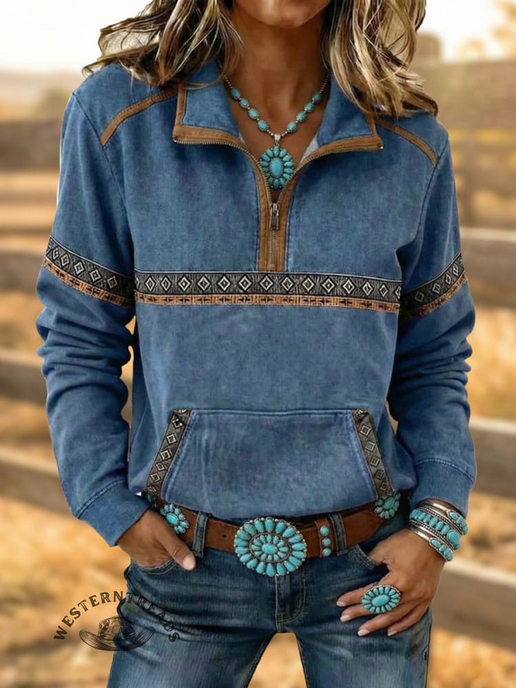 Vintage Zip Patchwork Valentine's Day Aztec Art Print Sweatshirt Top