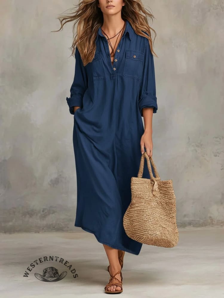 Wash Denim 100% Cotton Oversized Shirt Maxi Dress - Image 3