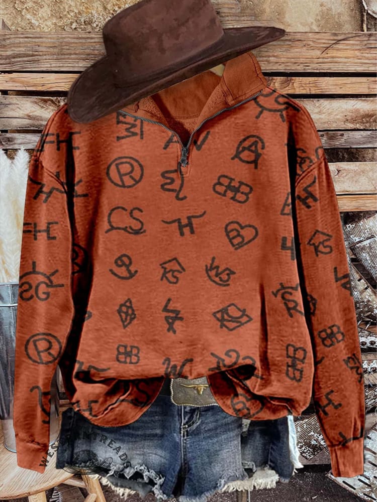 Western Cattle Brands Print Casual Long Sleeve Zip Sweatshirt - Image 2