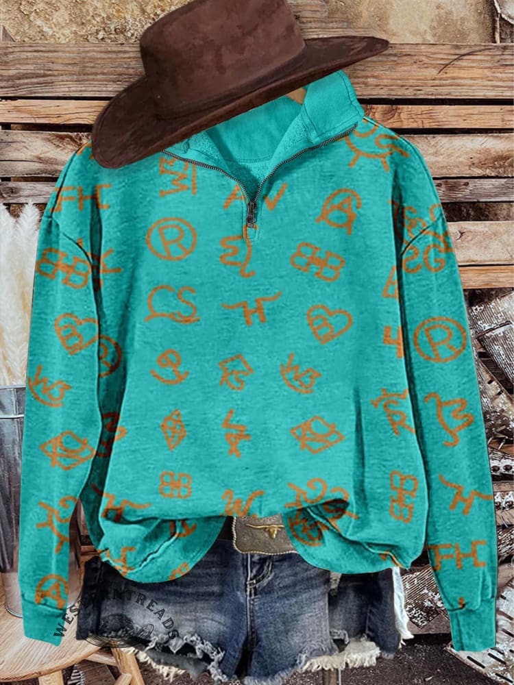 Western Cattle Brands Print Casual Long Sleeve Zip Sweatshirt - Image 3
