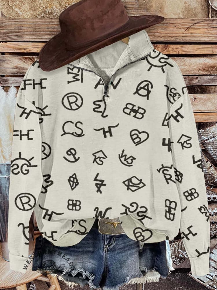 Western Cattle Brands Print Casual Long Sleeve Zip Sweatshirt - Image 4
