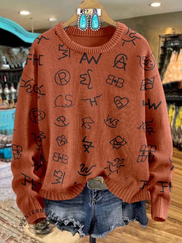 Western Cattle Brands Print Knit Pullover Sweater