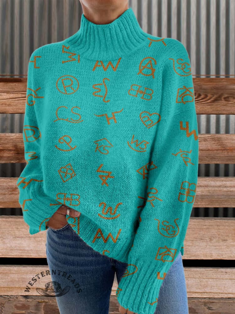Western Cattle Brands Print Knit Turtleneck Pullover Sweater - Image 3