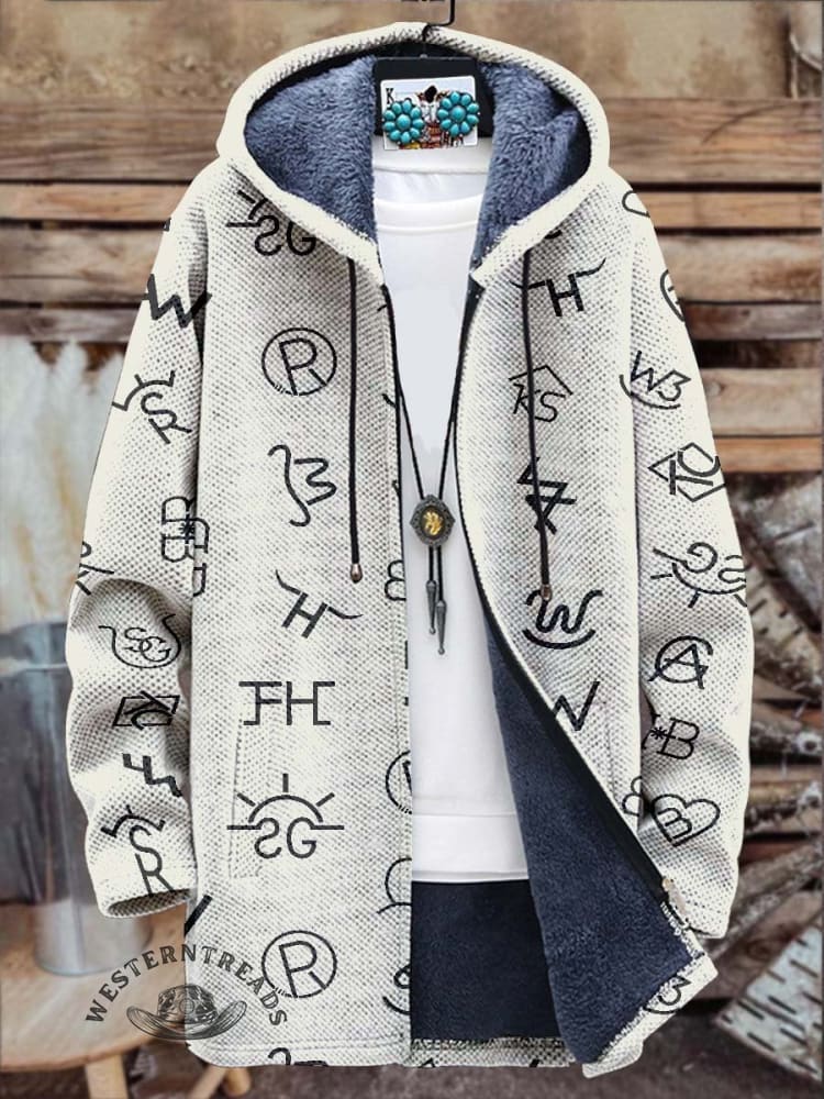 Western Cattle Brands Print Unisex Plush Thick Long-Sleeved Sweater Cardigan Coat - Image 4