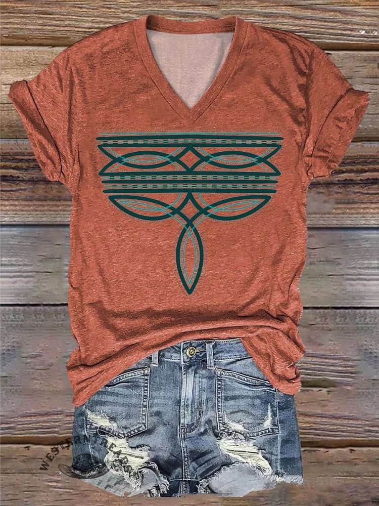 Western Cowboy Boots Stitch Print Crew Neck Sweatshirt - Image 4