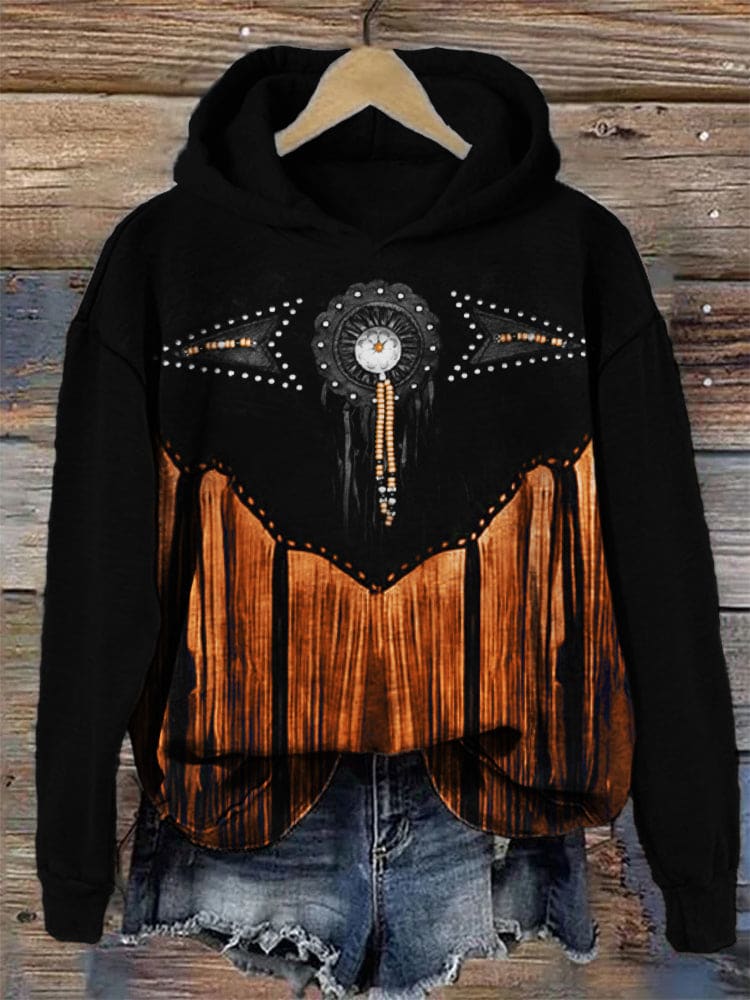 Western Turquoise Art Contrast Color Hoodie - Image 2
