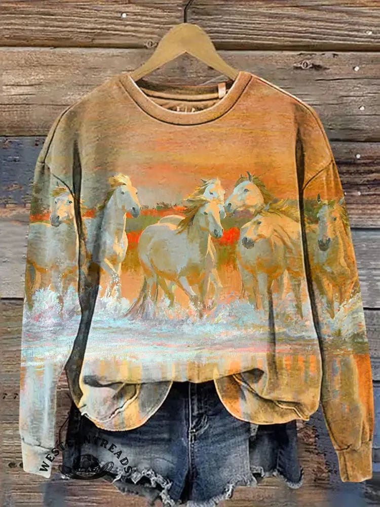 White Horse Art Print Casual Cotton Sweatshirt - Image 2