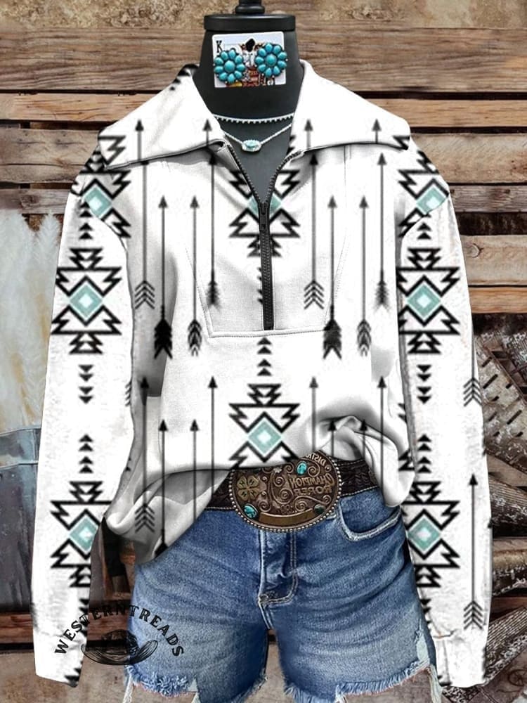 🔥Hot Sale🔥White Vintage Aztec Print Casual Sweatshirt - Image 3
