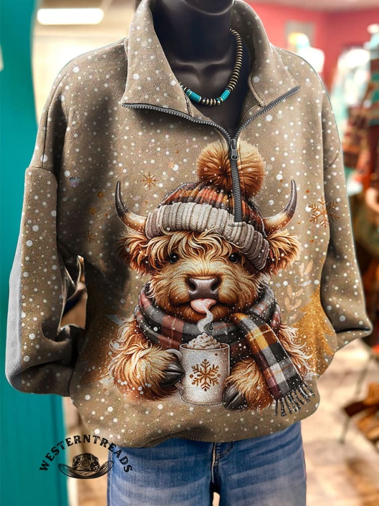 Winter Christmas Highland Cow Print Casual Sweatshirt - Image 2