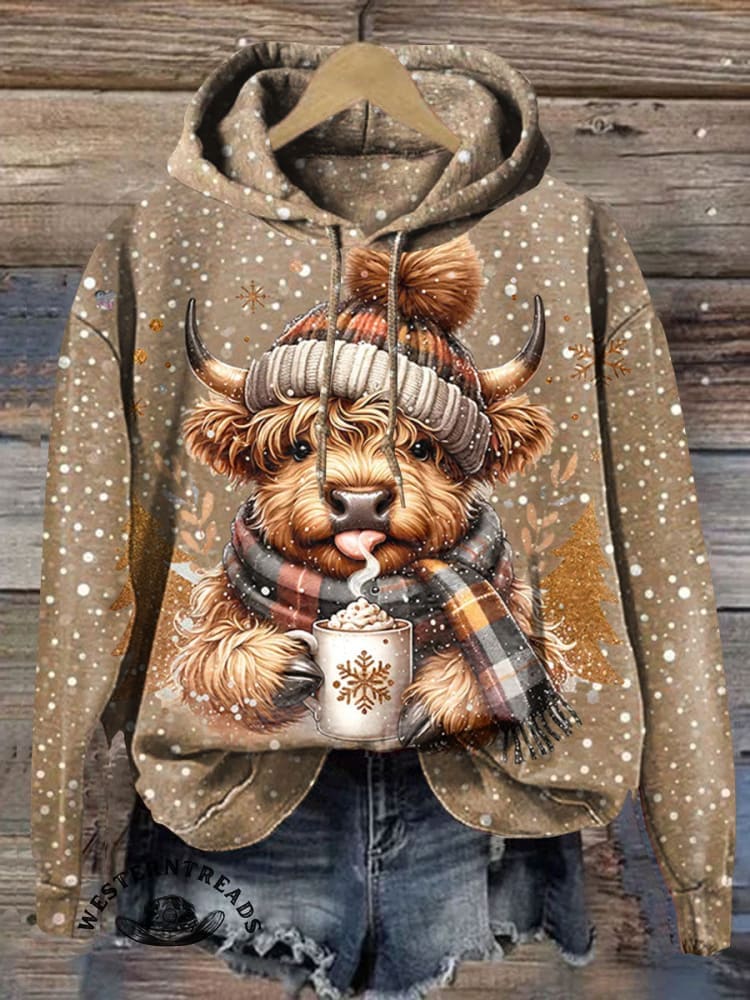 Winter Christmas Highland Cow Print Casual Sweatshirt - Image 3