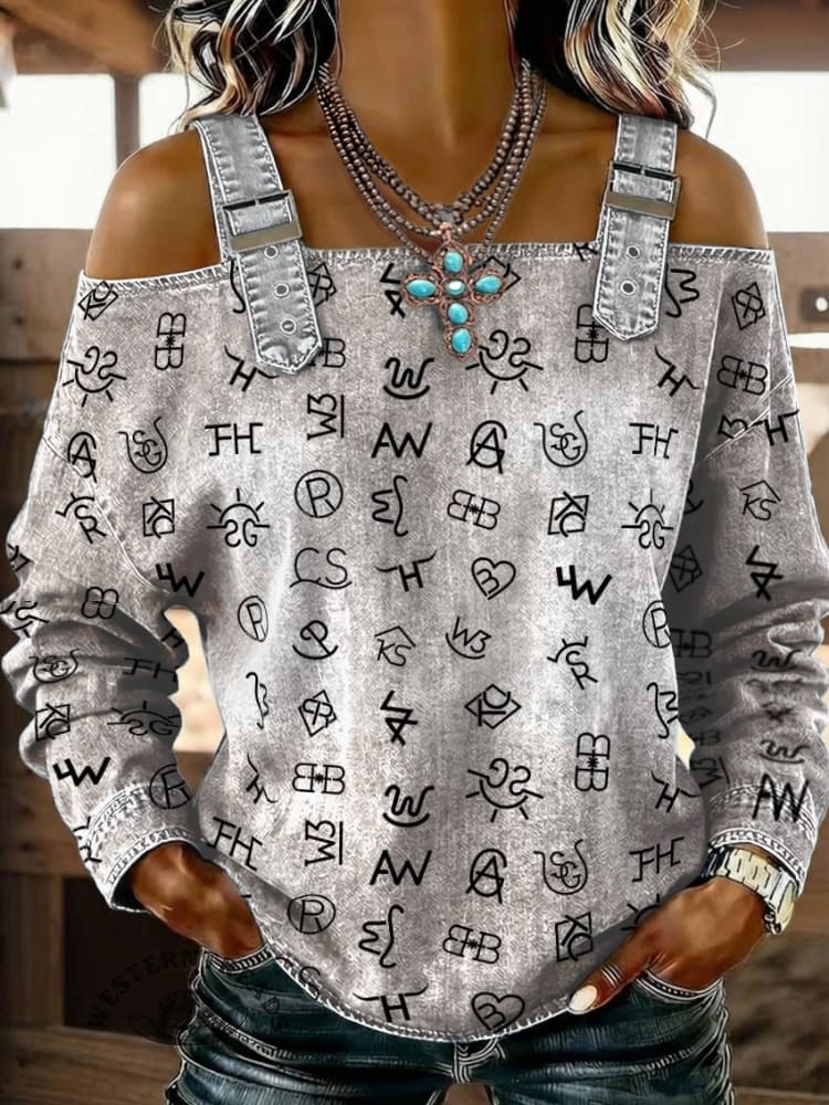 Women‘s Cattle Brand Print Casual Cotton Denim Shirt - Image 3