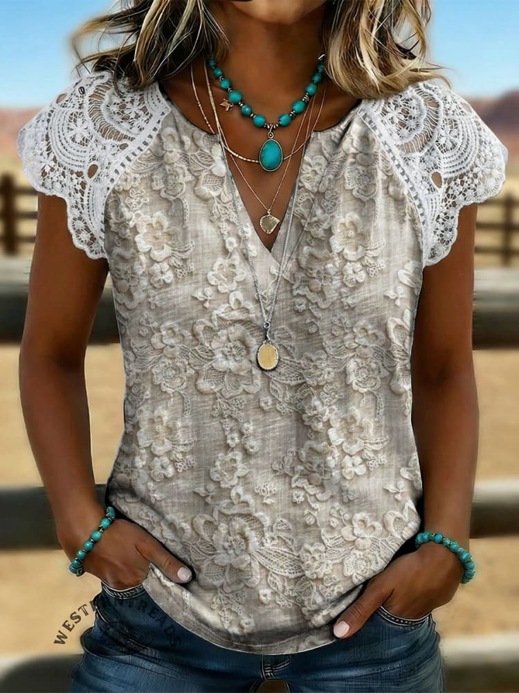 Women's Art Print Casual Lace-trimmed Sleeve T-shirt