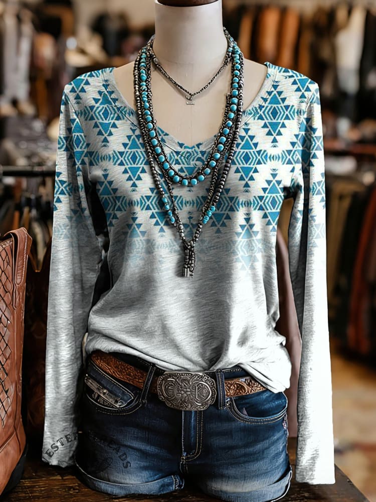 Women's Aztec Art Print Casual V-neck Long Sleeve T-shirt