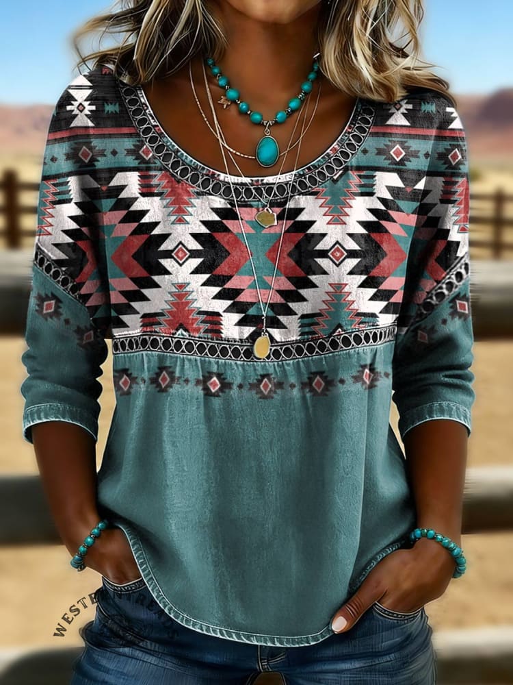 Women's Aztec Print Casual Hollow Denim Shirt