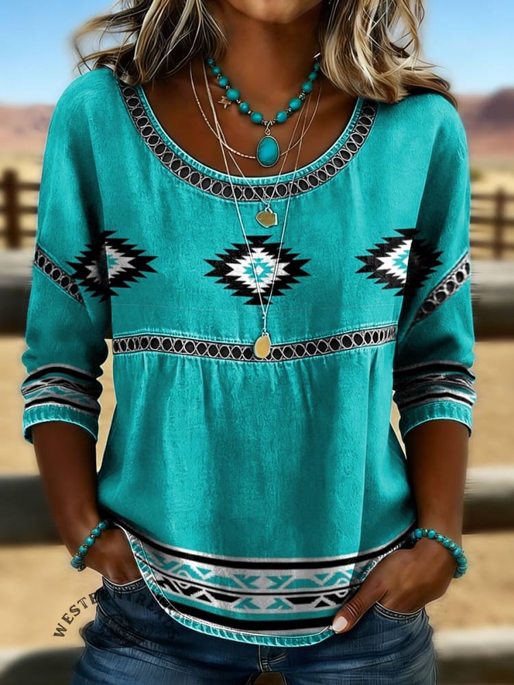 Women's Aztec Print Casual Hollow Denim Shirt
