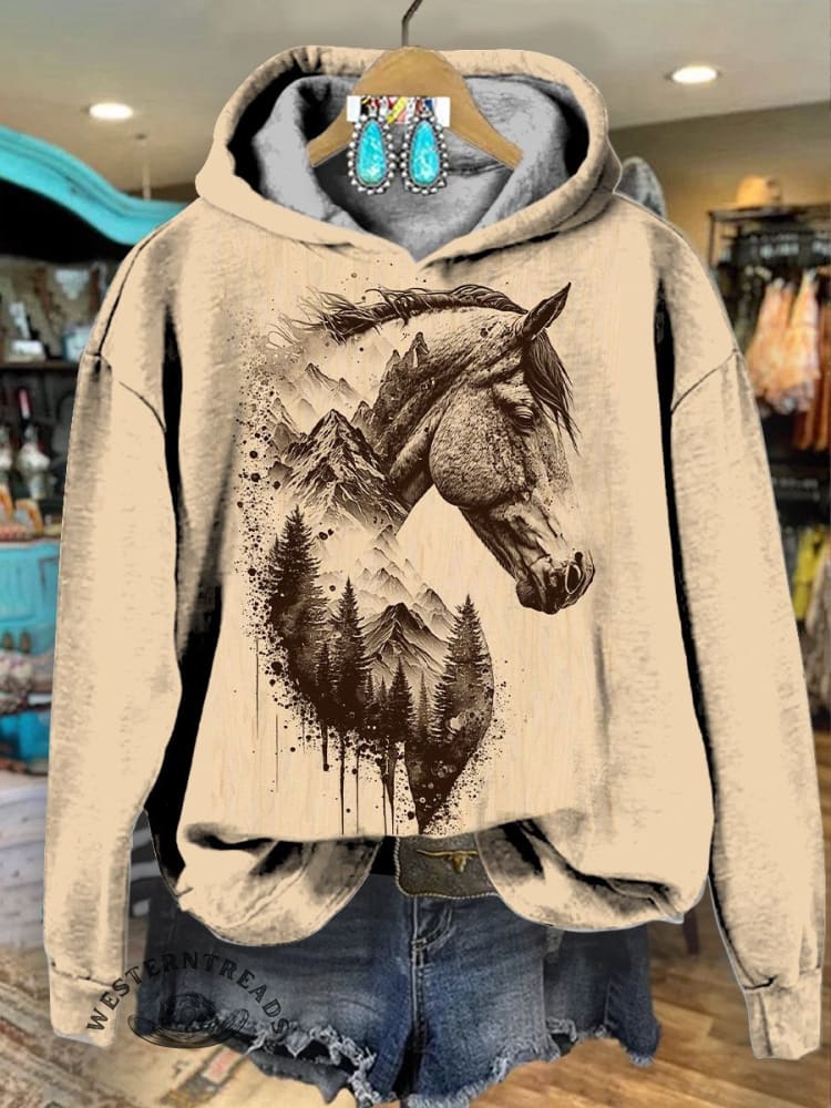 Women's Beige Vintage Horse Print Casual Sweatshirt