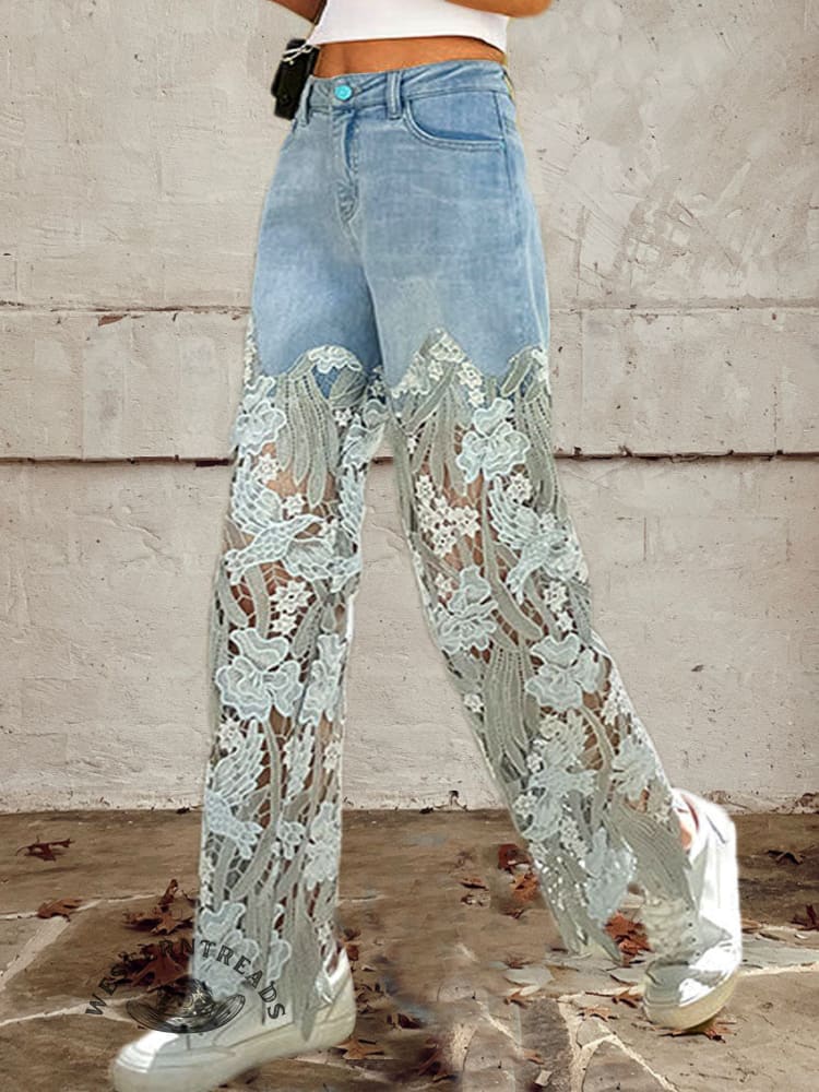 Women's Buttoned Lace Patchwork Jeans Pants - Image 3