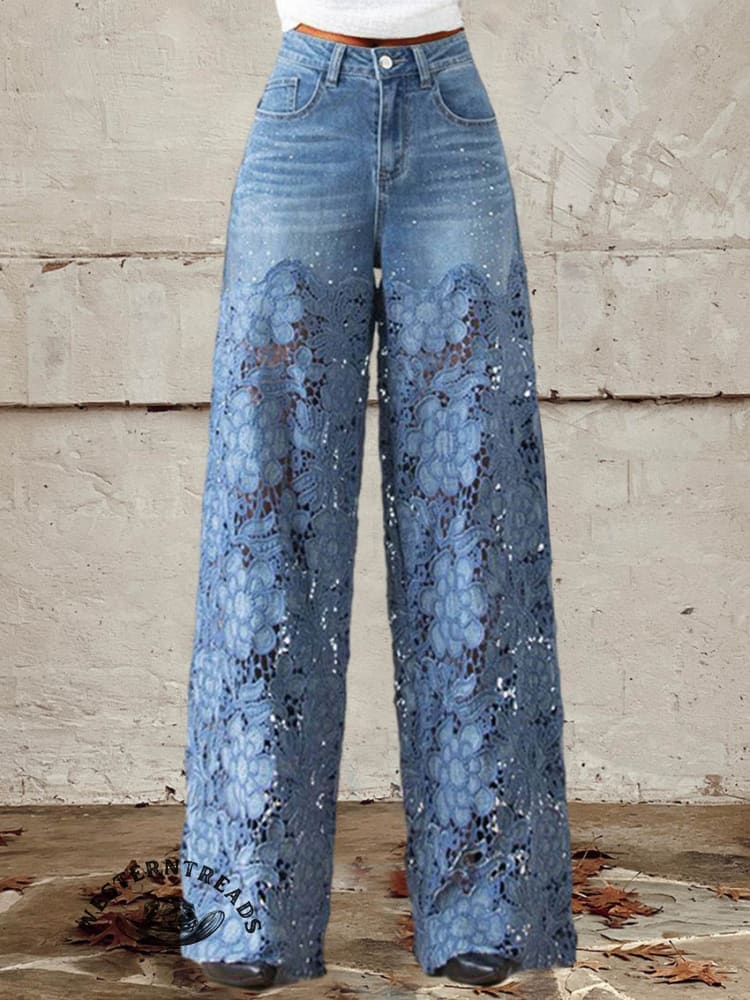 🔥Global hot sale🔥Women's Buttoned Lace Patchwork Jeans Pants - Image 3