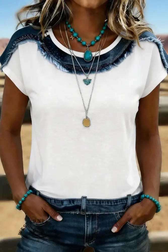 Women's Casual Denim Patchwork T-shirt