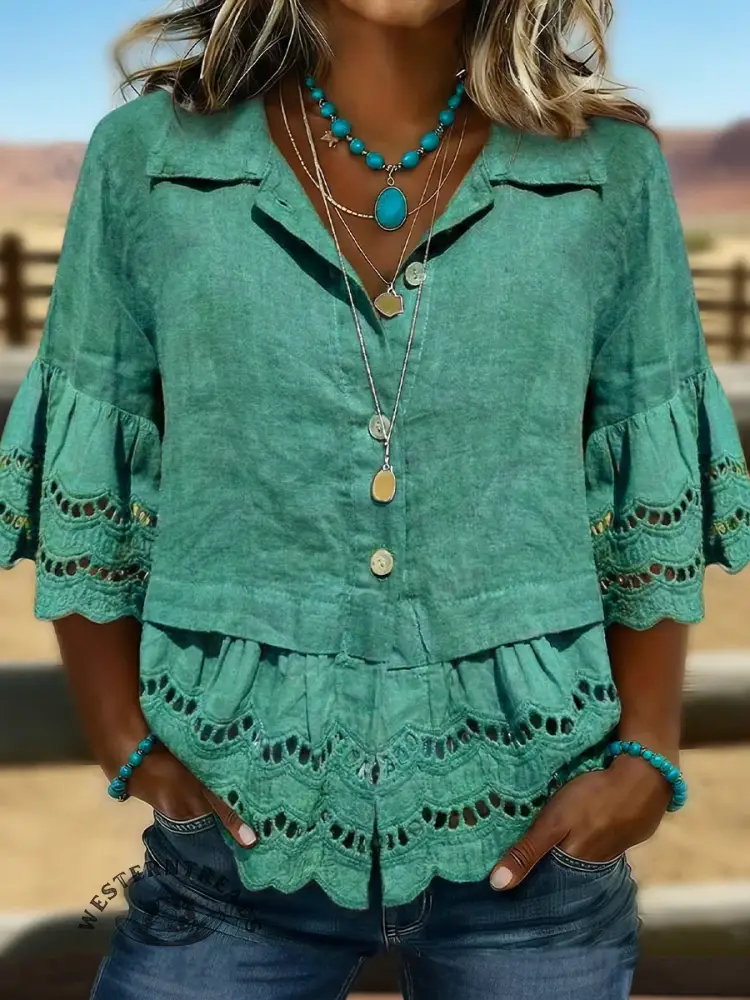 Women's Casual Hollow-out Lace Patchwork Shirt