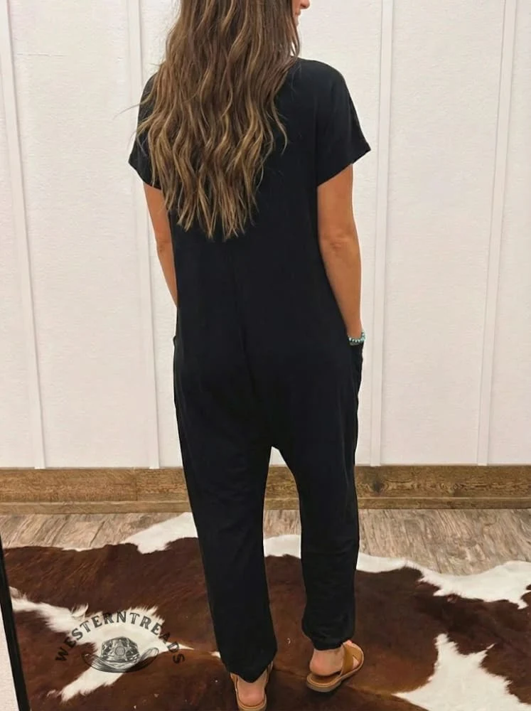 Women's Casual Jumpsuits V Neck Half Sleeve Long Rompers - Image 4