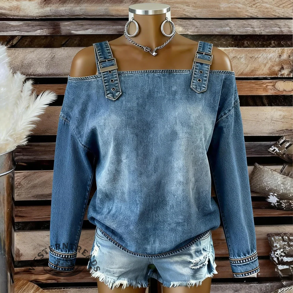 Women's Casual Off-Shoulder Denim Top - Image 3