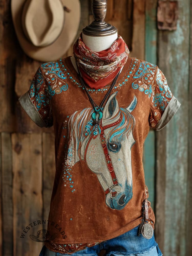 Women's Casual Vintage Western Horse Design Printed Crew Neck T-Shirt