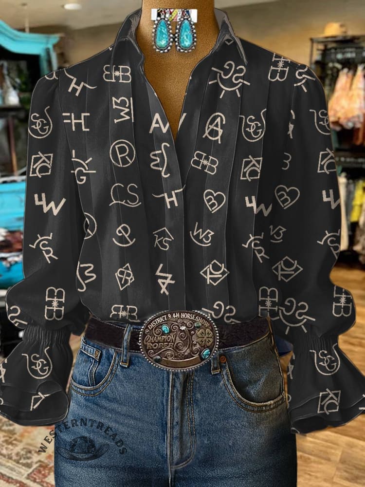 Women's Cattle Brands Print Casual Cotton And Linen Shirt - Image 2