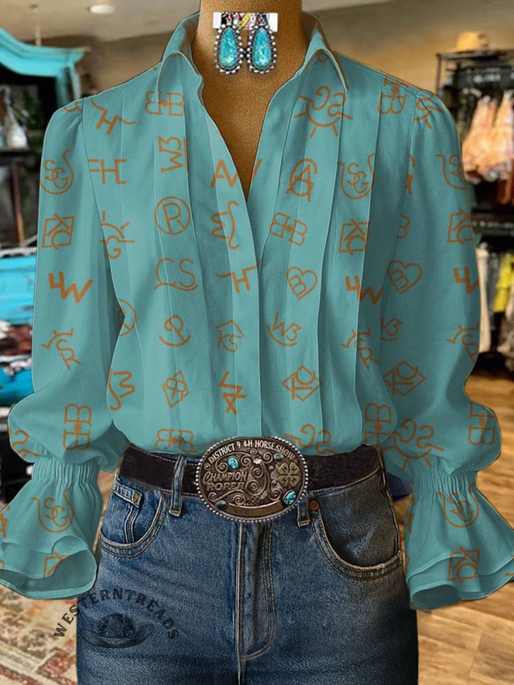 Women's Cattle Brands Print Casual Cotton And Linen Shirt - Image 4
