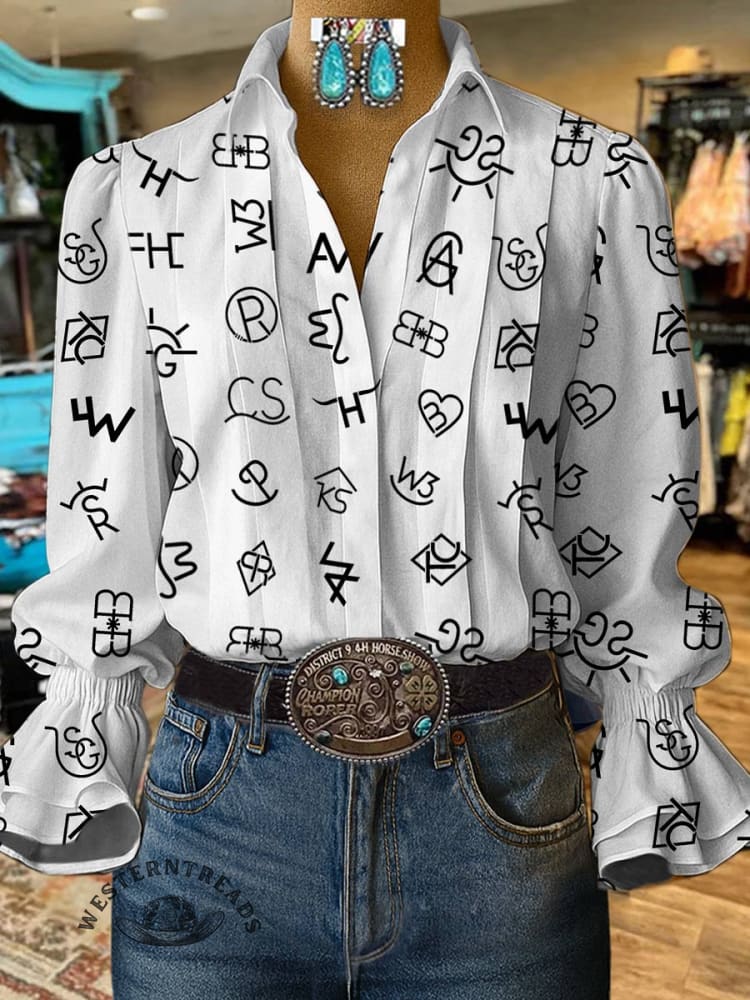 Women's Cattle Brands Print Casual Cotton And Linen Shirt - Image 5