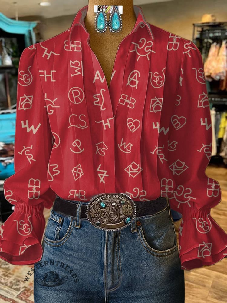 Women's Cattle Brands Print Casual Cotton And Linen Shirt - Image 6