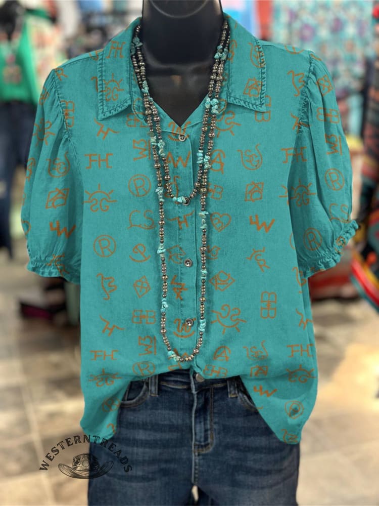 Women's Cattle Brands Print Casual Cotton Shirt - Image 3