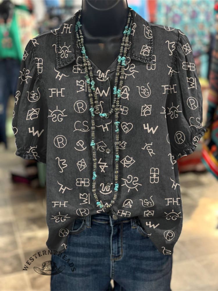 Women's Cattle Brands Print Casual Cotton Shirt - Image 5