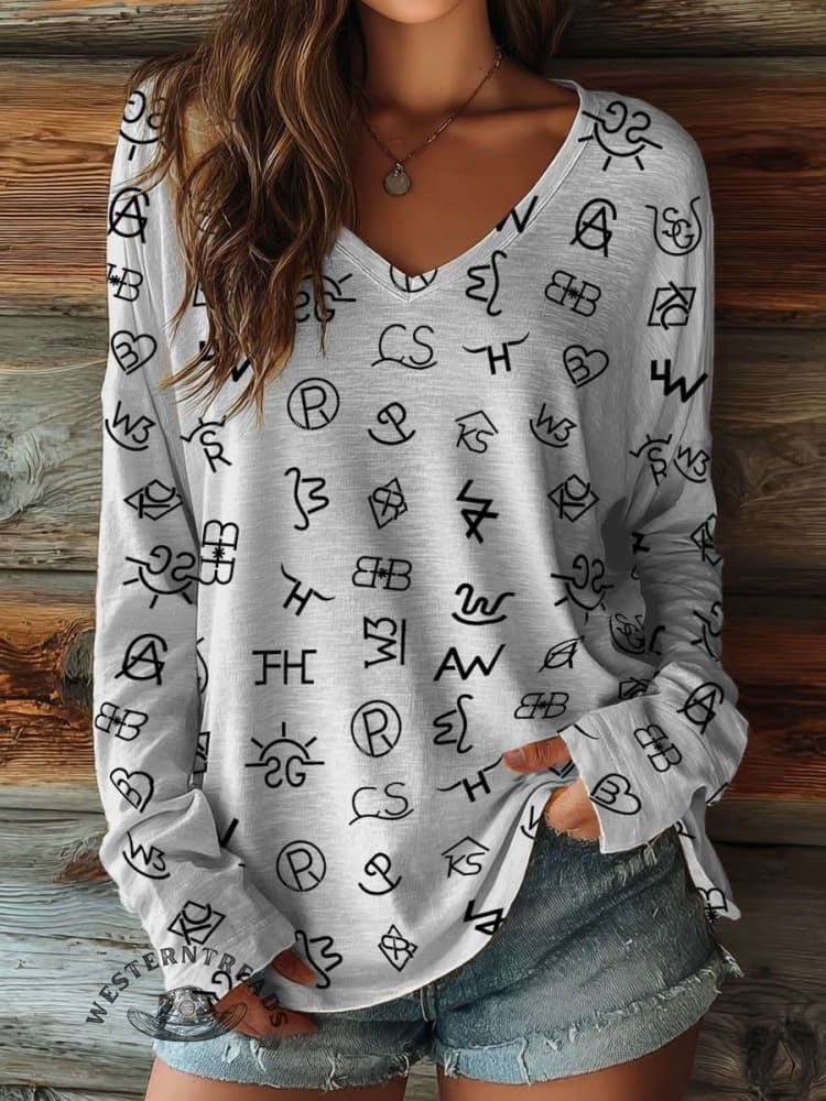 100% Cotton🍃Women's Cattle Brands Print Casual V-neck Long Sleeve T-shirt - Image 3