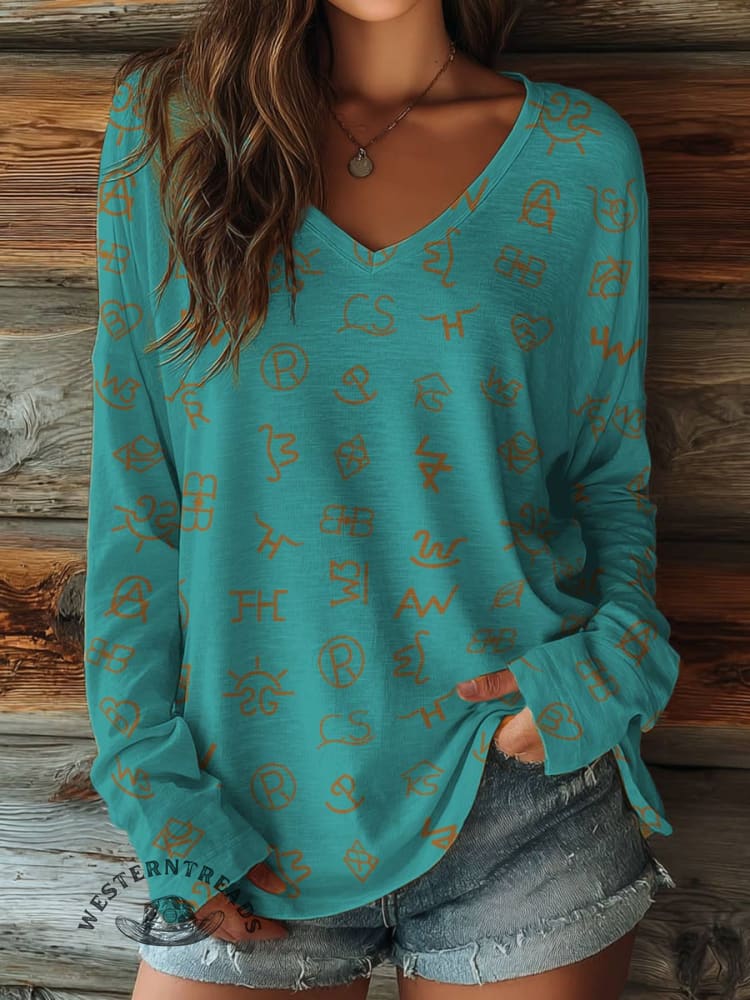 100% Cotton🍃Women's Cattle Brands Print Casual V-neck Long Sleeve T-shirt - Image 5