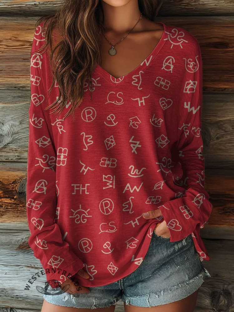 100% Cotton🍃Women's Cattle Brands Print Casual V-neck Long Sleeve T-shirt - Image 6