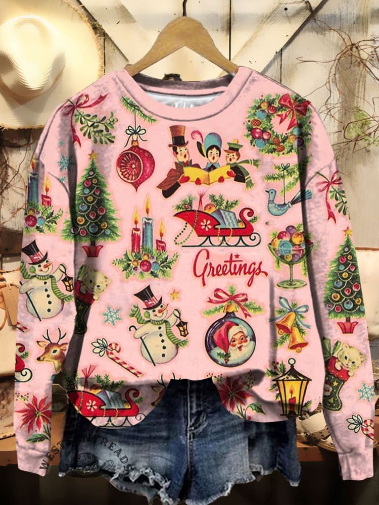 Women's Christmas Retro Pattern Print Casual Sweatshirt - Image 2