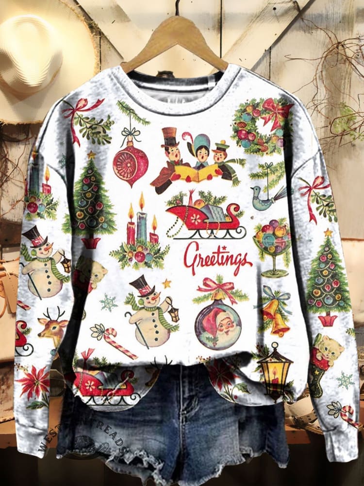 Women's Christmas Retro Pattern Print Casual Sweatshirt - Image 3