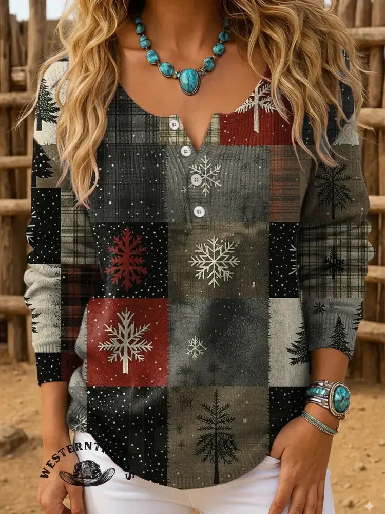 Vintage Christmas Tree Print Casual Cotton Sweatshirt - Image 4