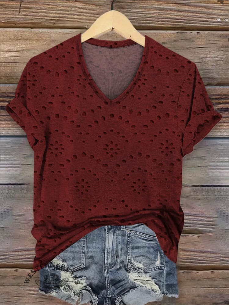 Women's Classic Pastoral Print V-neck Casual T-Shirt - Image 4