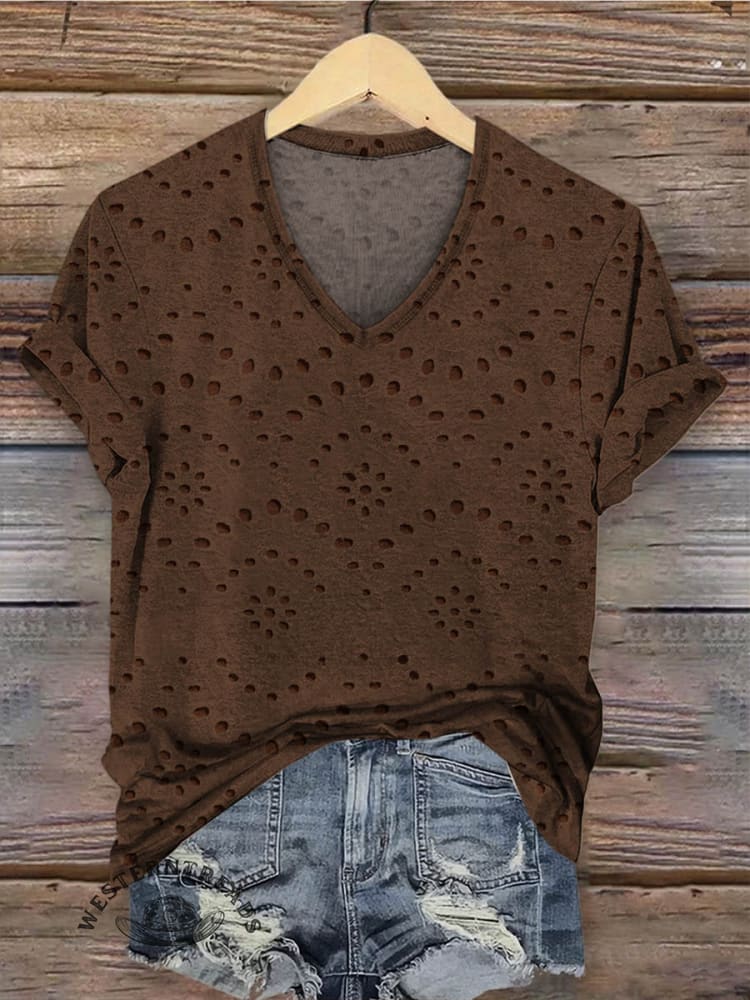 Women's Classic Pastoral Print V-neck Casual T-Shirt - Image 5